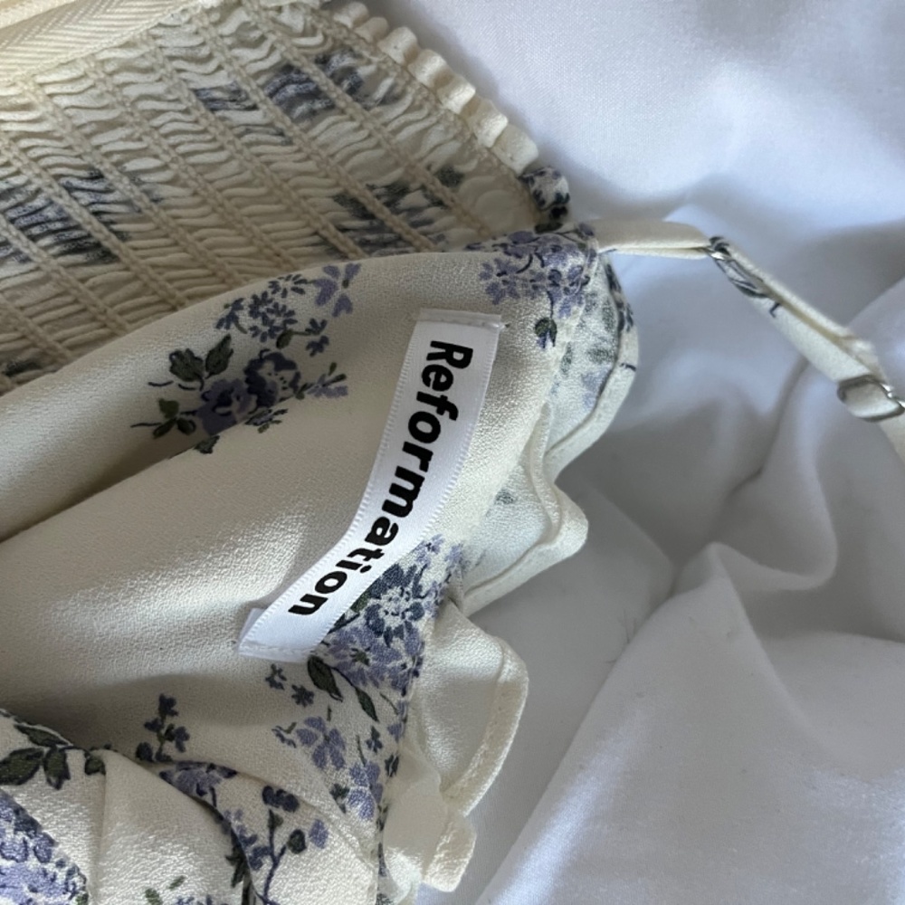 Reformation Cream Midi Dress with Blue Floral Print - Picture 7 of 8